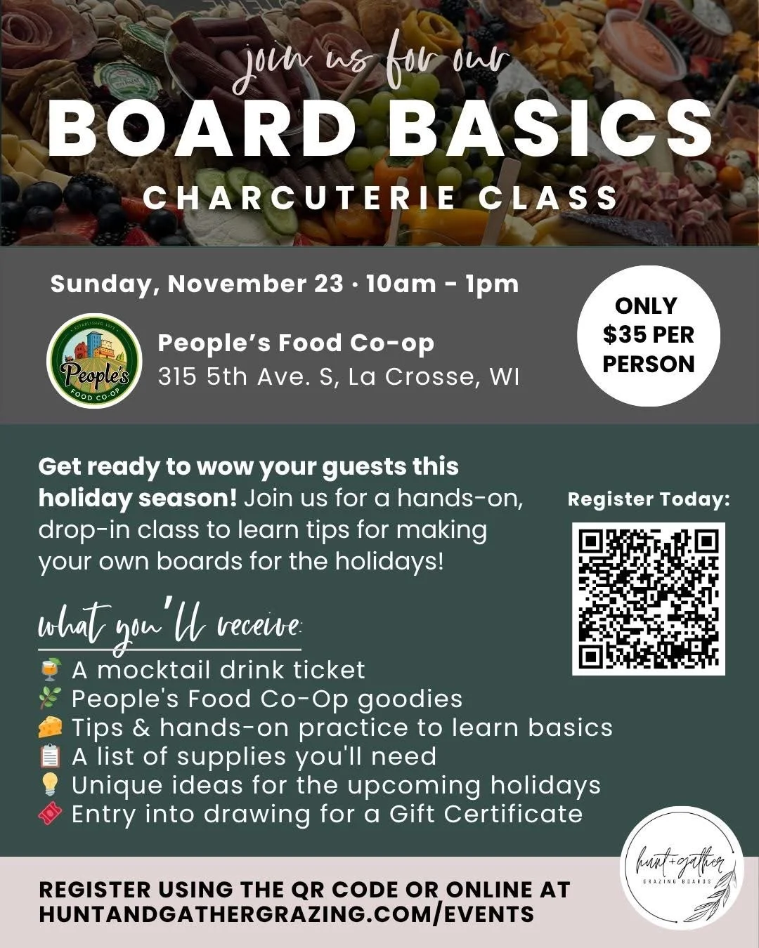 One week to go! Tickets are still available! 🍁🧀☃️ Join our team for a hands-on, drop-in, class where you&rsquo;ll learn the art of creating beautiful and delicious charcuterie boards. Whether you've taken a Make + Take class with us or just make bo