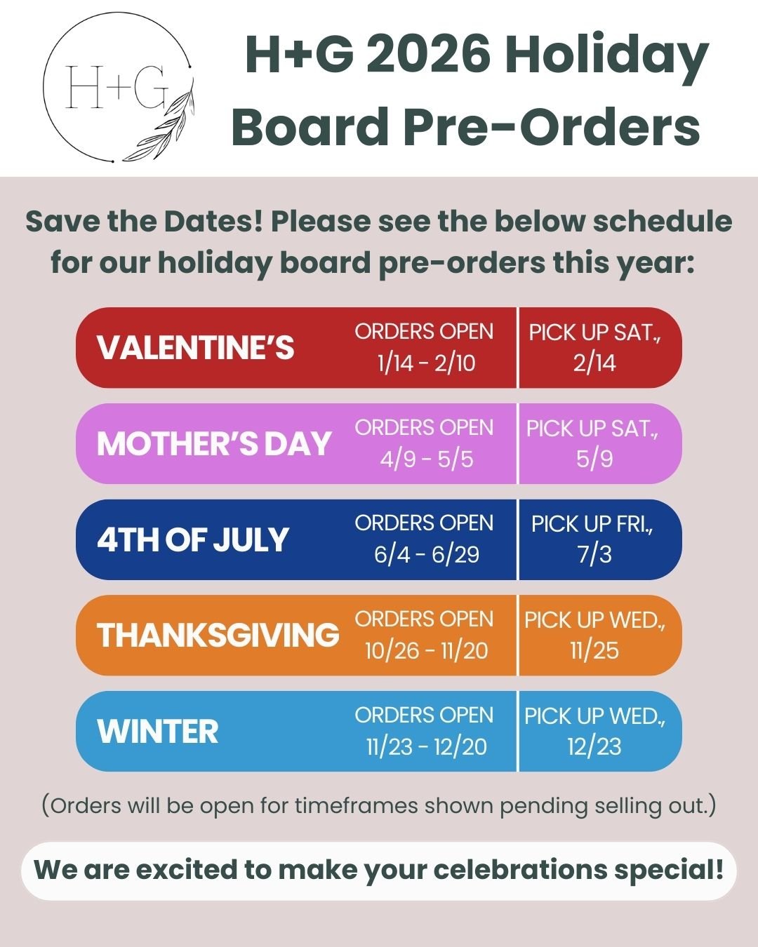 🗓️ SAVE THESE DATES 🗓️ Our Holiday Board Pre-Orders are kicking off for 2026! Please save this schedule for our pre-order and pick up dates for Valentine's Day, Mother's Day, 4th of July, Thanksgiving, and Winter Holidays. Orders will be open for t