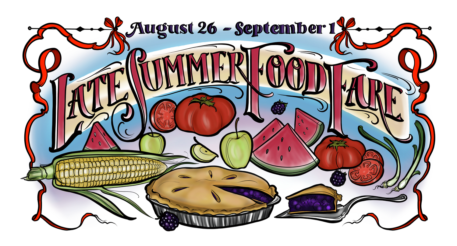 Colorful illustration promoting the Little Summer Food Fair, featuring various fruits and vegetables including tomatoes, watermelon, apples, corn, and a pie. The event runs from August 26 to September 1.