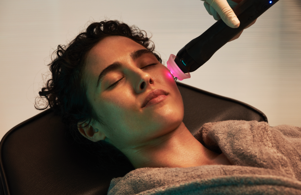 A woman receiving a facial treatment with a handheld device emitting pink and green light while lying back with eyes closed.