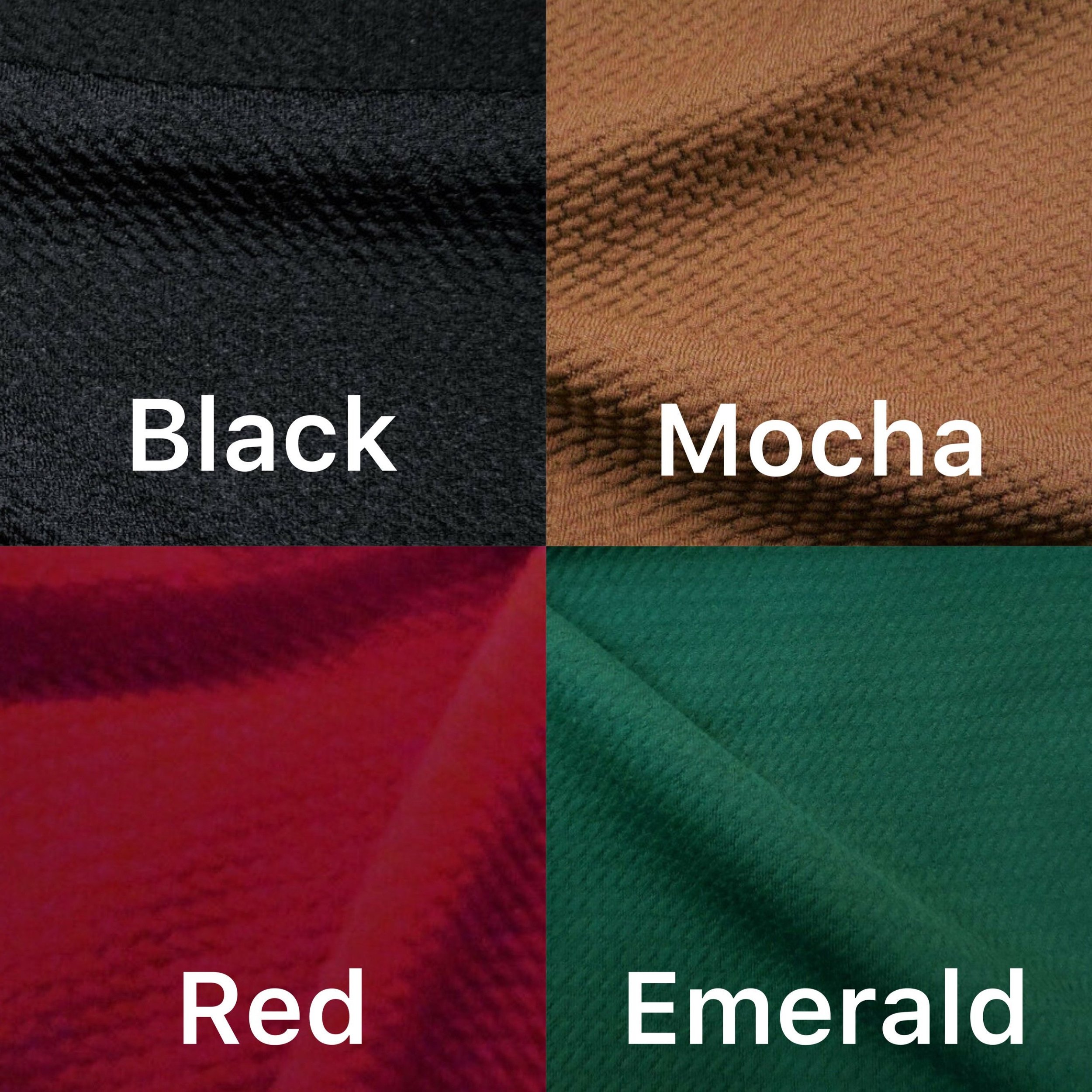 colors available: black, mocha, red, emerald