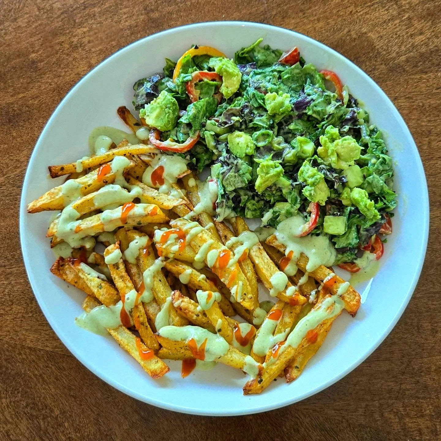 Fries w/ Avocado &amp; Blue Agave Sriracha Sauce and Creamy Avocado Salad 

Friday meals go one of two ways. 
1. I'm excited for the weekend, and I spend hours in the kitchen creating something new. 
2. I make something edible so that I can sit down 