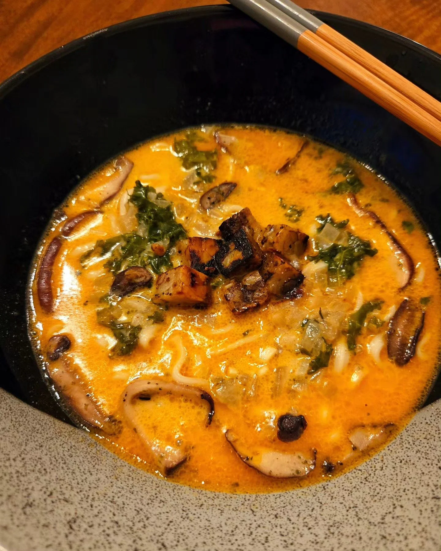 Spicy Ramen w/ Hempeh, Shitake Mushrooms, &amp; Kale 

Coconut milk is a staple I always keep in my pantry, and it is the key to my creamy broth. It only took a few other ingredients to turn this rich broth and  veggies into a delicious bowl of ramen