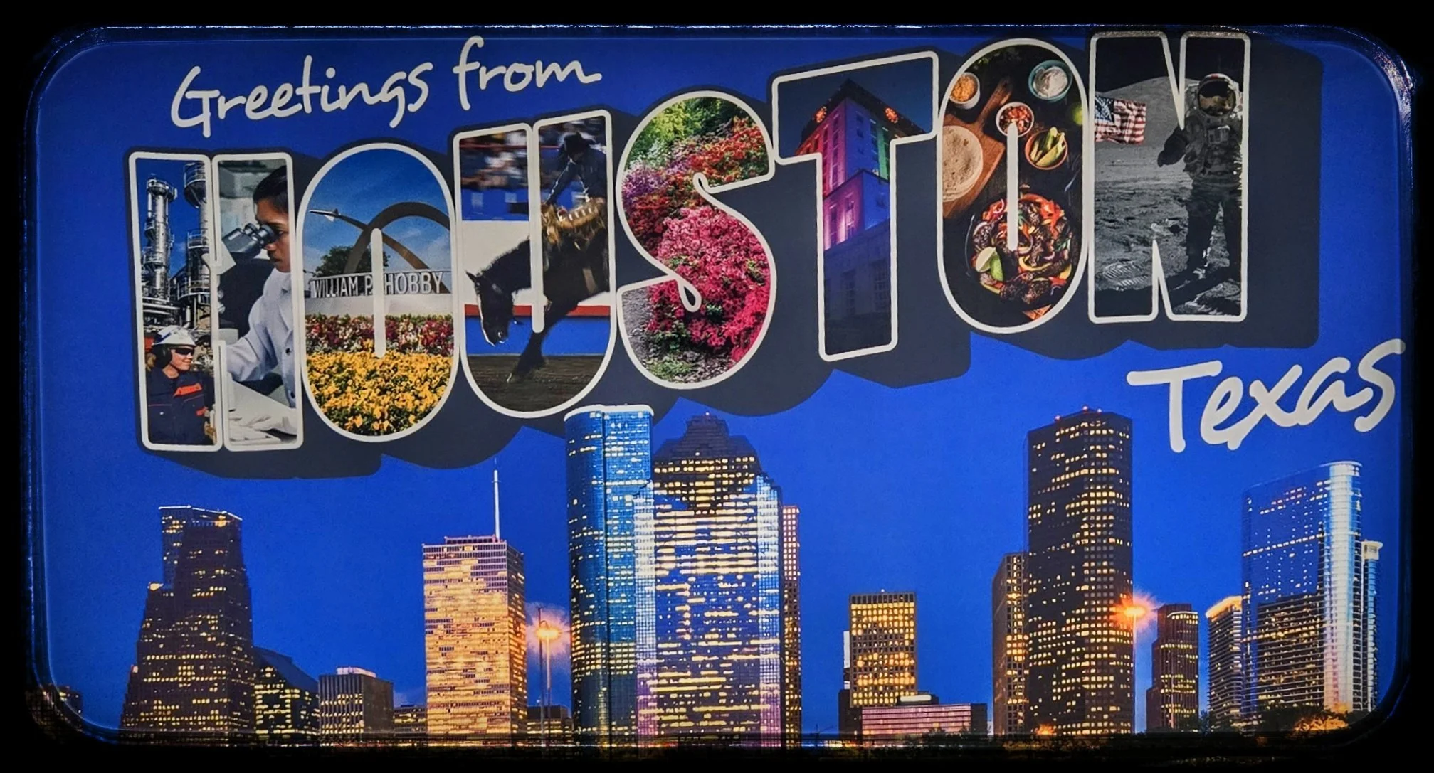 Postacrd image showing greetings from Houston, Texas with the city skyline