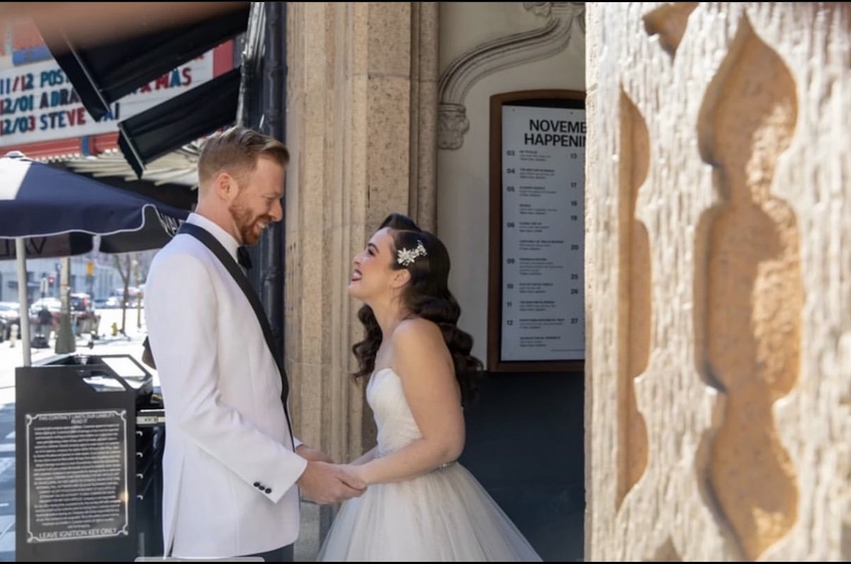  bride and groom excited in old hollywood glamour 