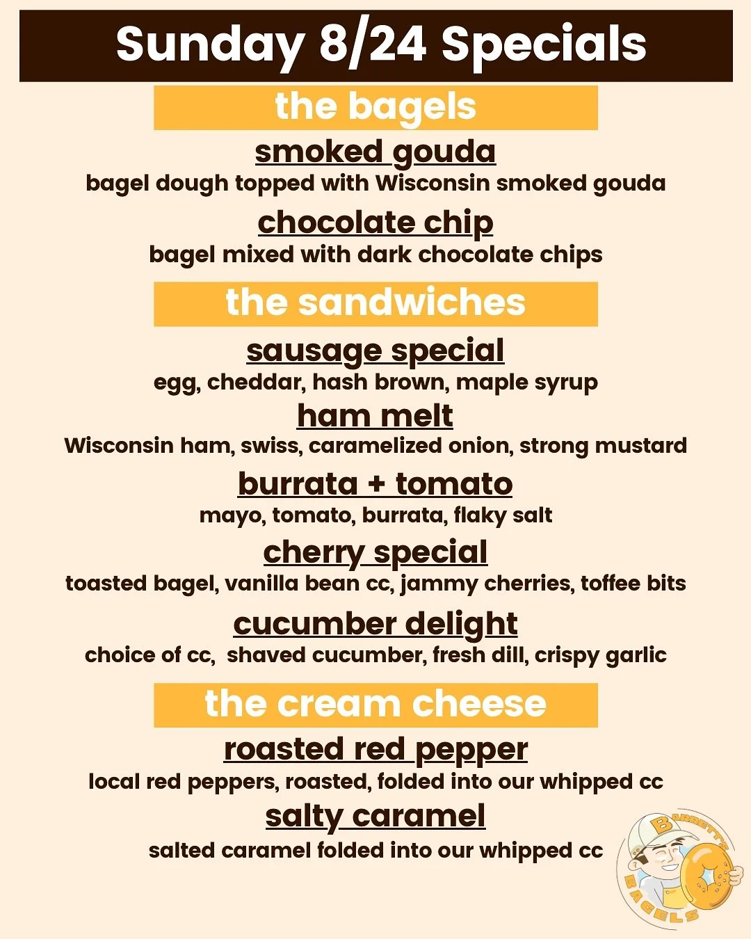 Full sandwich menu for this Sunday, 8/24 @monroestreetfarmersmarket. Pre-orders will be packed and waiting for you, if you didn&rsquo;t get an order in, that&rsquo;s ok, we will have bagels for you at the stand. Last chance for our cucumber special. 