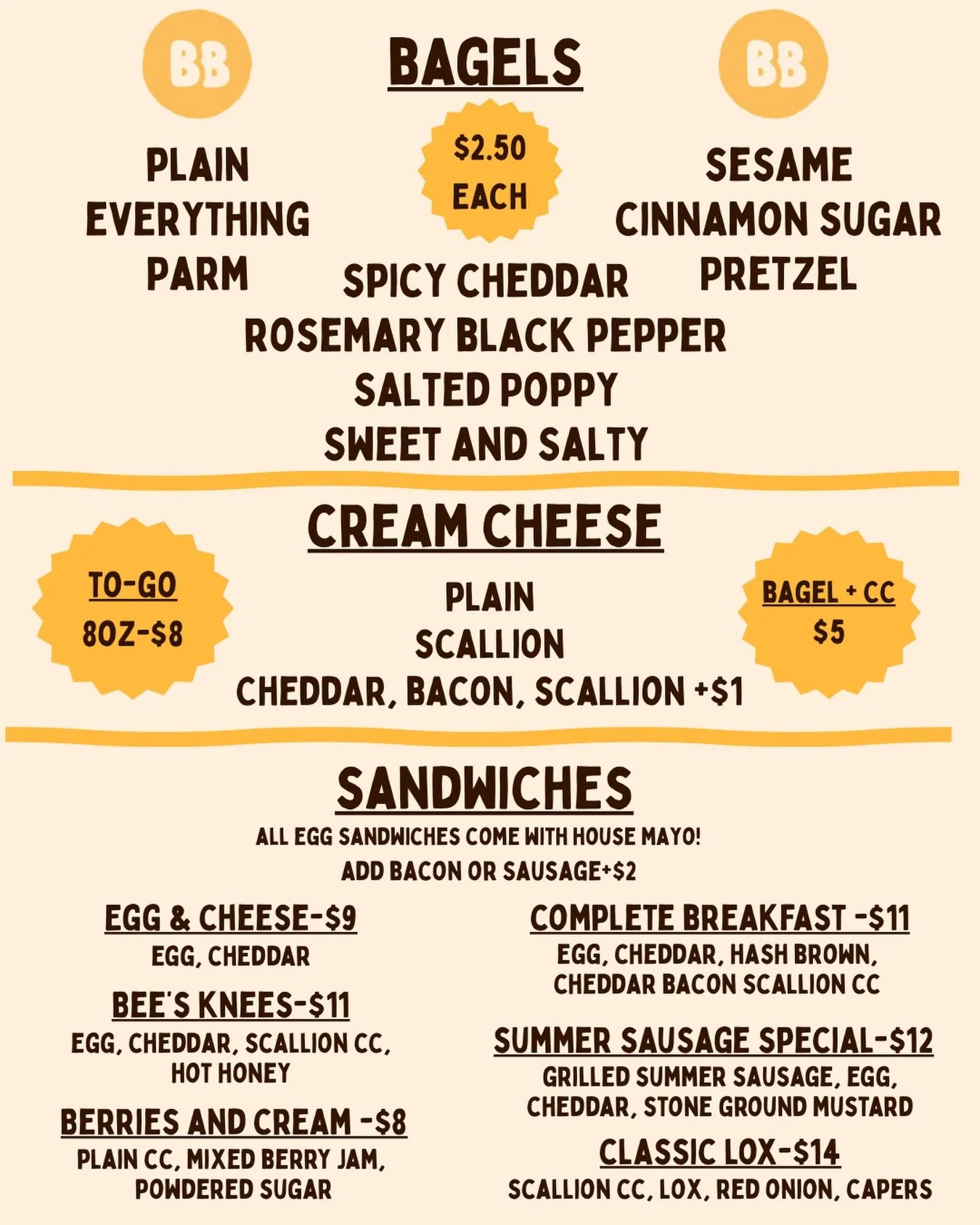 Full menu for this Sunday, 5/31 @monroestreetfarmersmarket. Tons of food, tons of bagels, all of its good. All of its made just for you. Beautiful weather, it&rsquo;s going to be fun. See you at the market. We start selling at 9am. Pre-orders will be