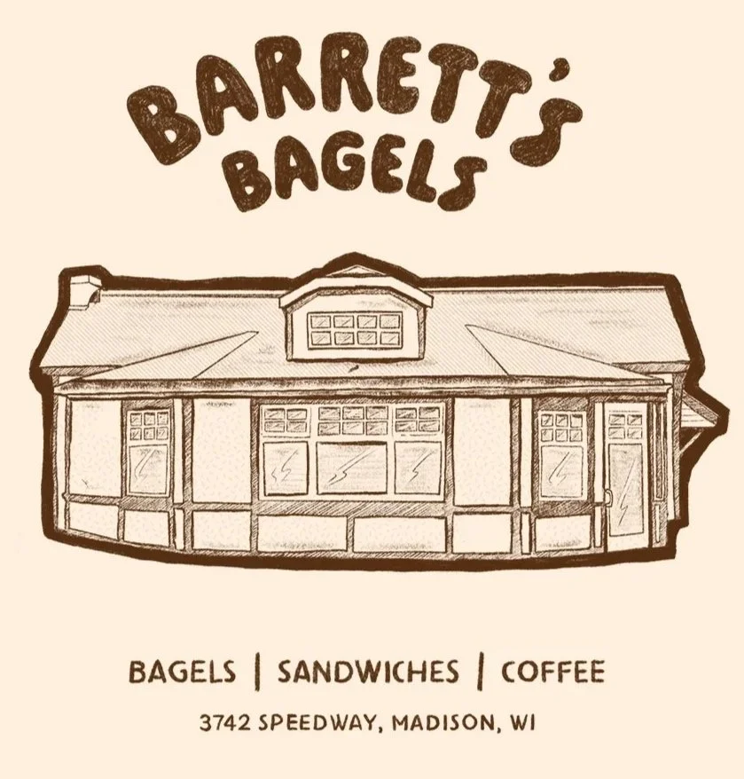 Illustration of a bakery storefront with the sign 'Barrett's Bagels,' offering bagels, sandwiches, and coffee at 3742 Speedway, Madison, Wisconsin.