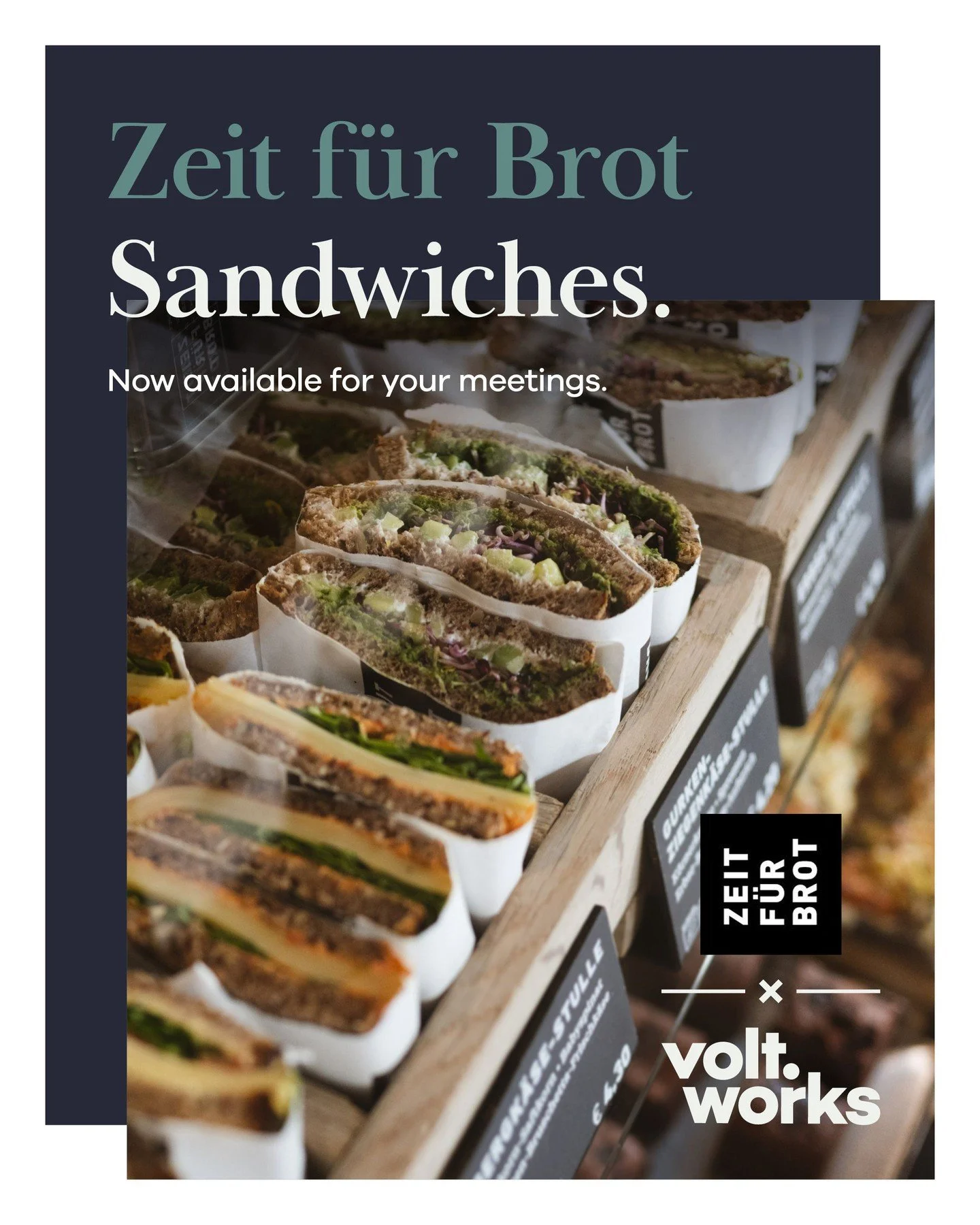 Good ideas deserve great food. We&rsquo;ve partnered with @zeitfuerbrot to offer organic, handmade &quot;Stullen&quot; for meeting bookings at volt.works.

Fresh from the bakery. Straight to your meeting table. Just add coffee and a good agenda.

📍 