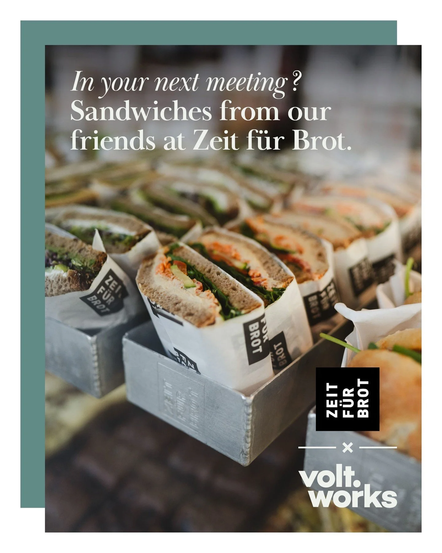 There&rsquo;s something new on the table. From now on, you can order fresh "Stullen" from @zeitfuerbrot when you book a meeting at volt.works.

Organic. Handcrafted. Made with care, just like your best ideas. Because great work starts with 