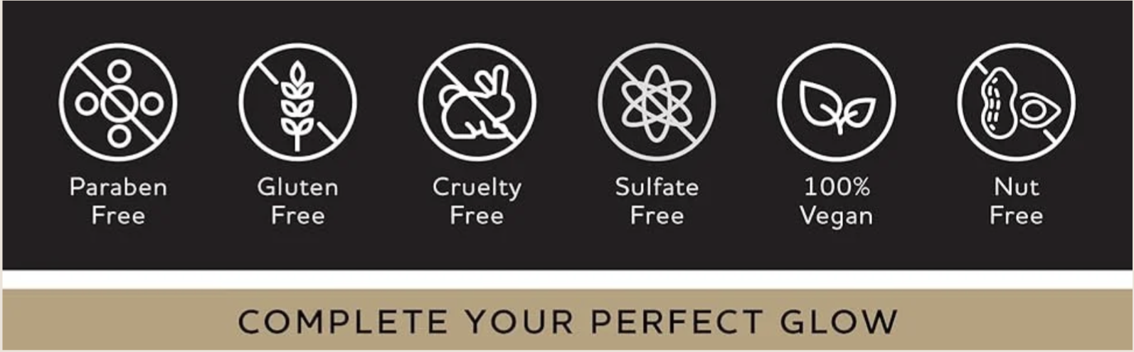 Image showing skincare product features: Paraben Free, Gluten Free, Cruelty Free, Sulfate Free, 100% Vegan, Nut Free, and a tagline "Complete Your Perfect Glow."
