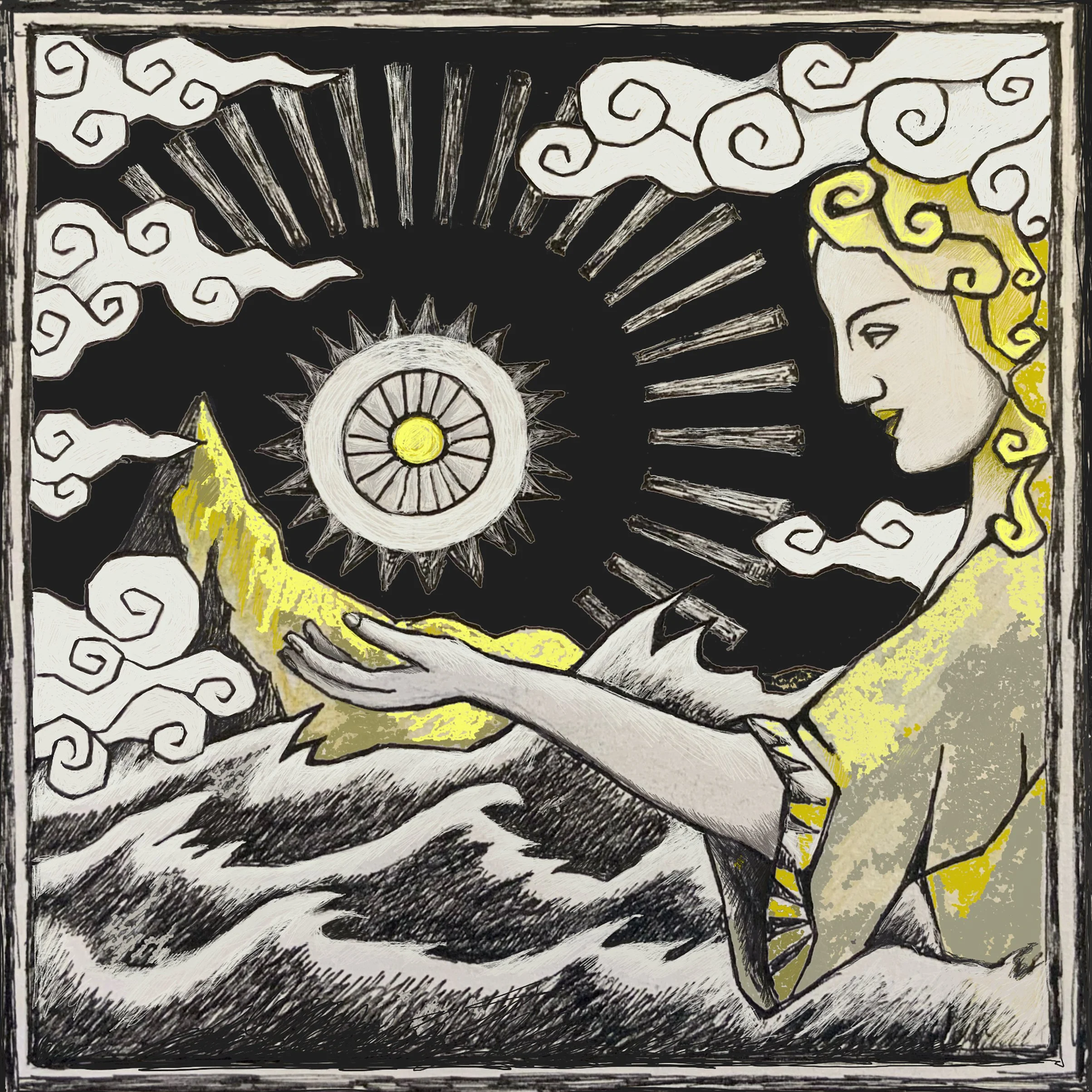 A stylized illustration of a woman with flowing hair touching a mountain in the moonlight, with clouds and a radiant sun in the background.