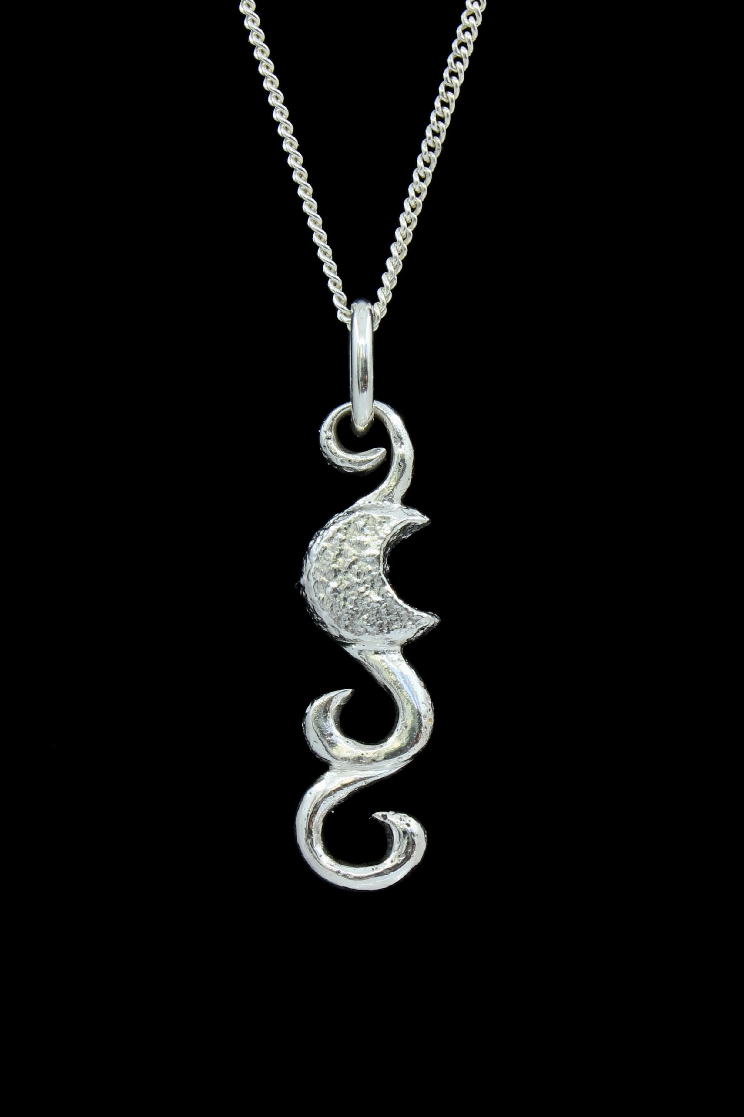 A sculptural silver pendant depicting a textured crescent moon amid an abstract swirl design. The long pendant is hanging from a silver chain against a black background.