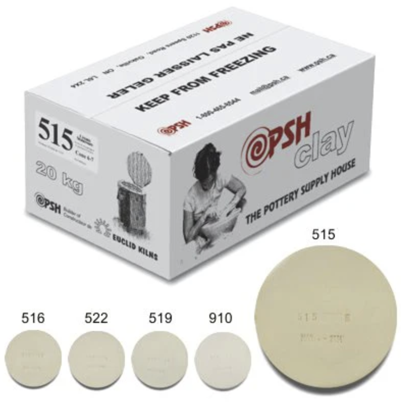 A box of @PSH Clay, a pottery plaster for mold making, with various sample disks labeled with numbers 515, 516, 522, 519, and 910, along with text indicating a weight of 20 kg and instructions to keep from freezing.