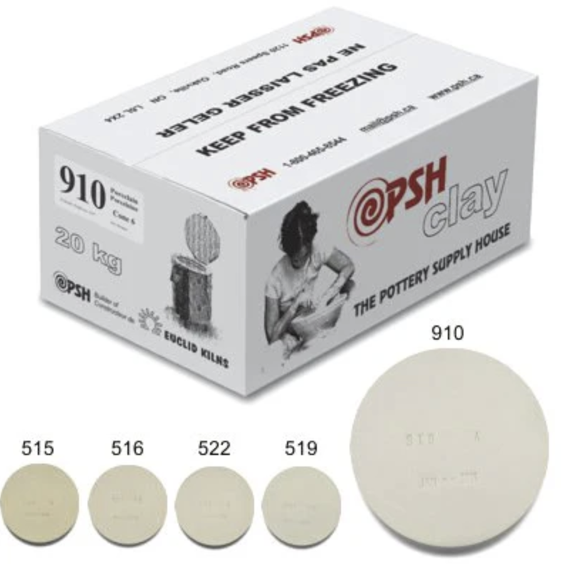 A box of pottery clay from The Pottery Supply House, labeled as 910, 20 kg, Euro Kiln, with a black and white illustration of a child working with clay, and several smaller clay discs labeled with numbers 515, 516, 522, and 519.