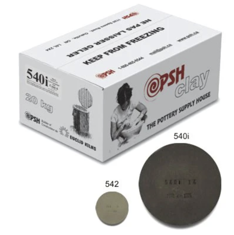 Box of PSH clay for pottery with two clay disks labeled 540i and 542 in front of it.