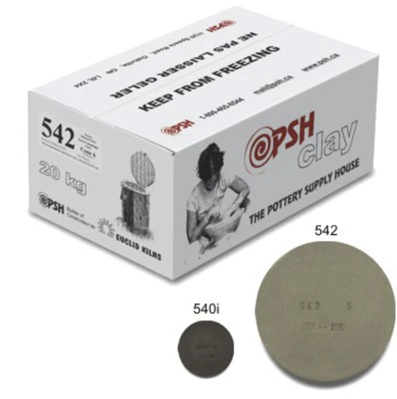 A box of PSH clay, weighing 20 kg, with labels indicating it is used for pottery and should be kept from freezing. The box features images of a woman shaping clay and a small clay brick. Three clay disks of different sizes and weights are shown beside the box, labeled 542, 540i, and 5.