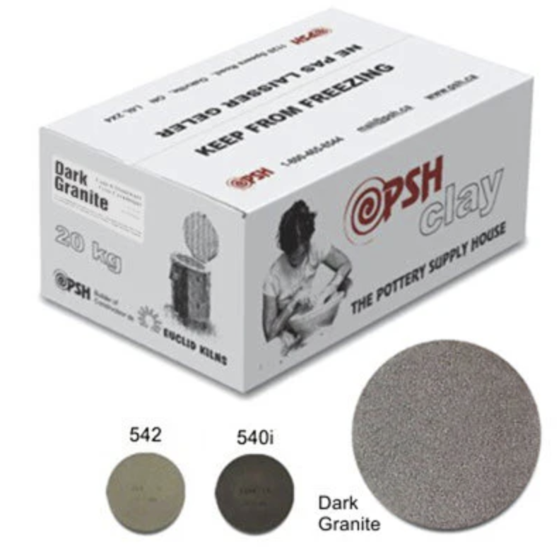 A box of PSH clay labeled as 'Dark Granite' with a weight of 20 kilograms, showing color samples 542 and 540i, and a textured dark gray clay surface.