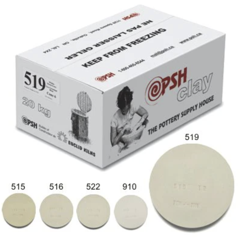 A cardboard box of PSH clay pottery supplies with a woman shaping clay on the front. The box specifies a 20 kg (44 lb) weight and 519 number. Below are five clay color samples labeled 515, 516, 522, 910, and 519.