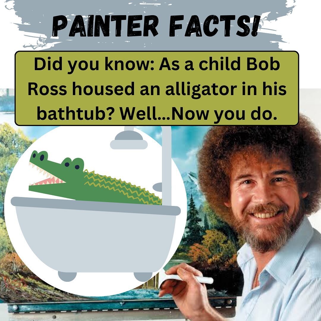 That&rsquo;s right! Everyone&rsquo;s favorite wholesome painter use to keep a happy little gator in his bathroom. Who would have guessed?! 🐊 #Painterfacts #bobross #deathsvisage