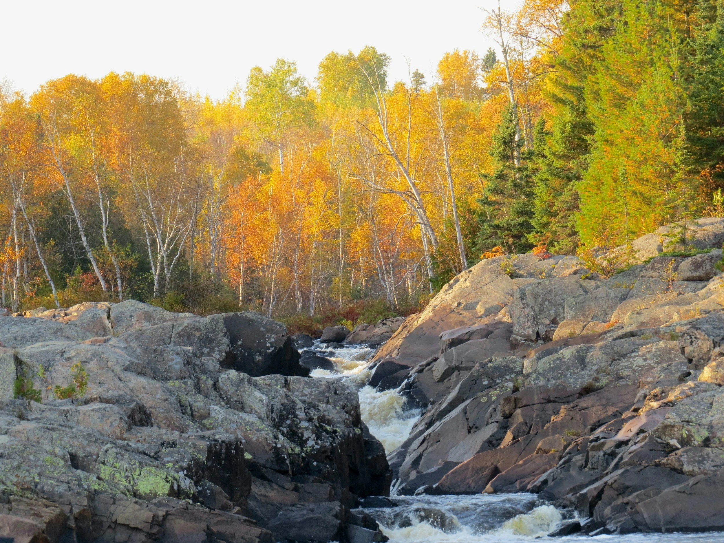 A river flowing through a rocky landscape with colorful autumn trees in the background.
