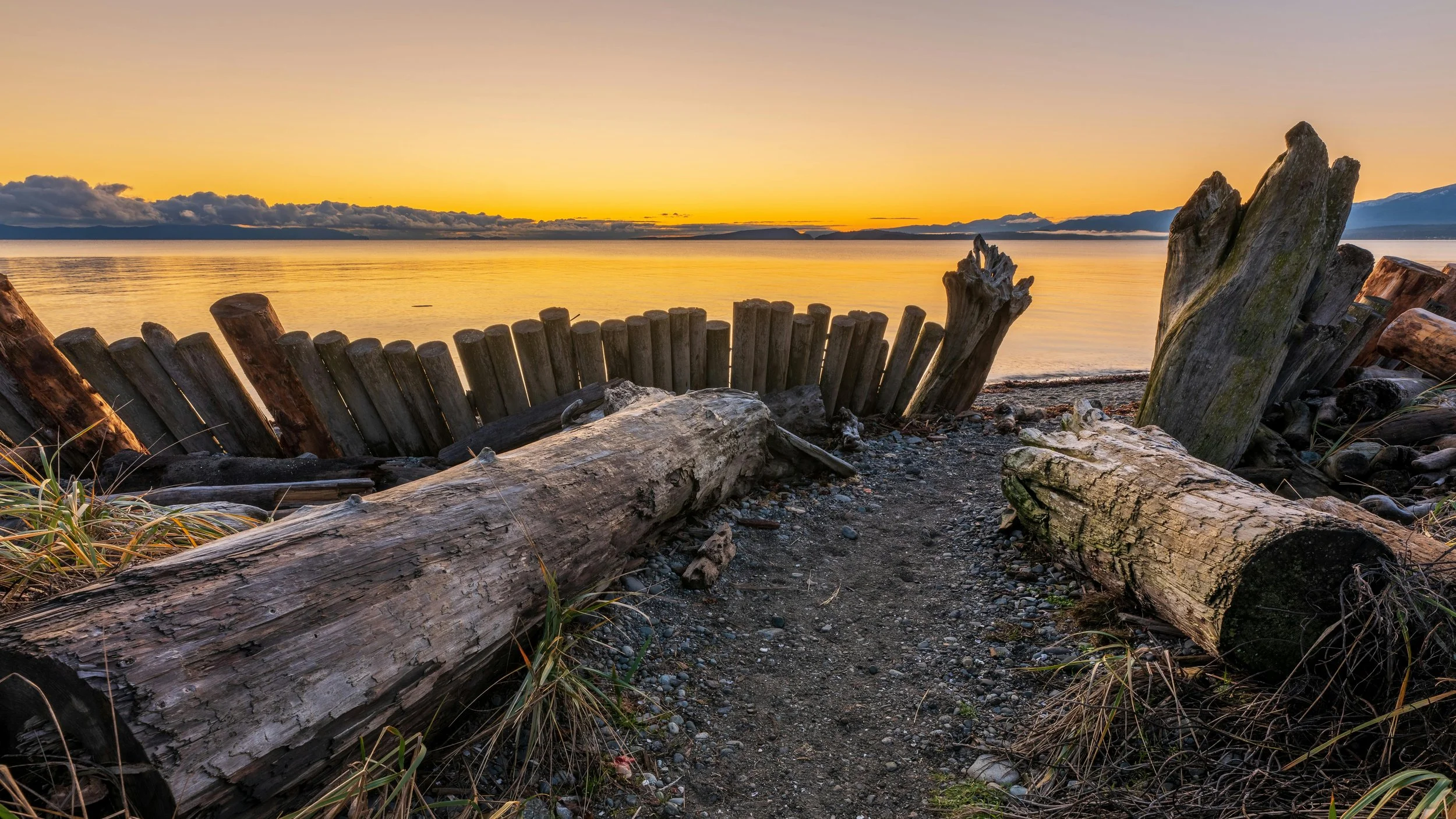 Sunset over a beach with weathered driftwood and a small wooden barrier.