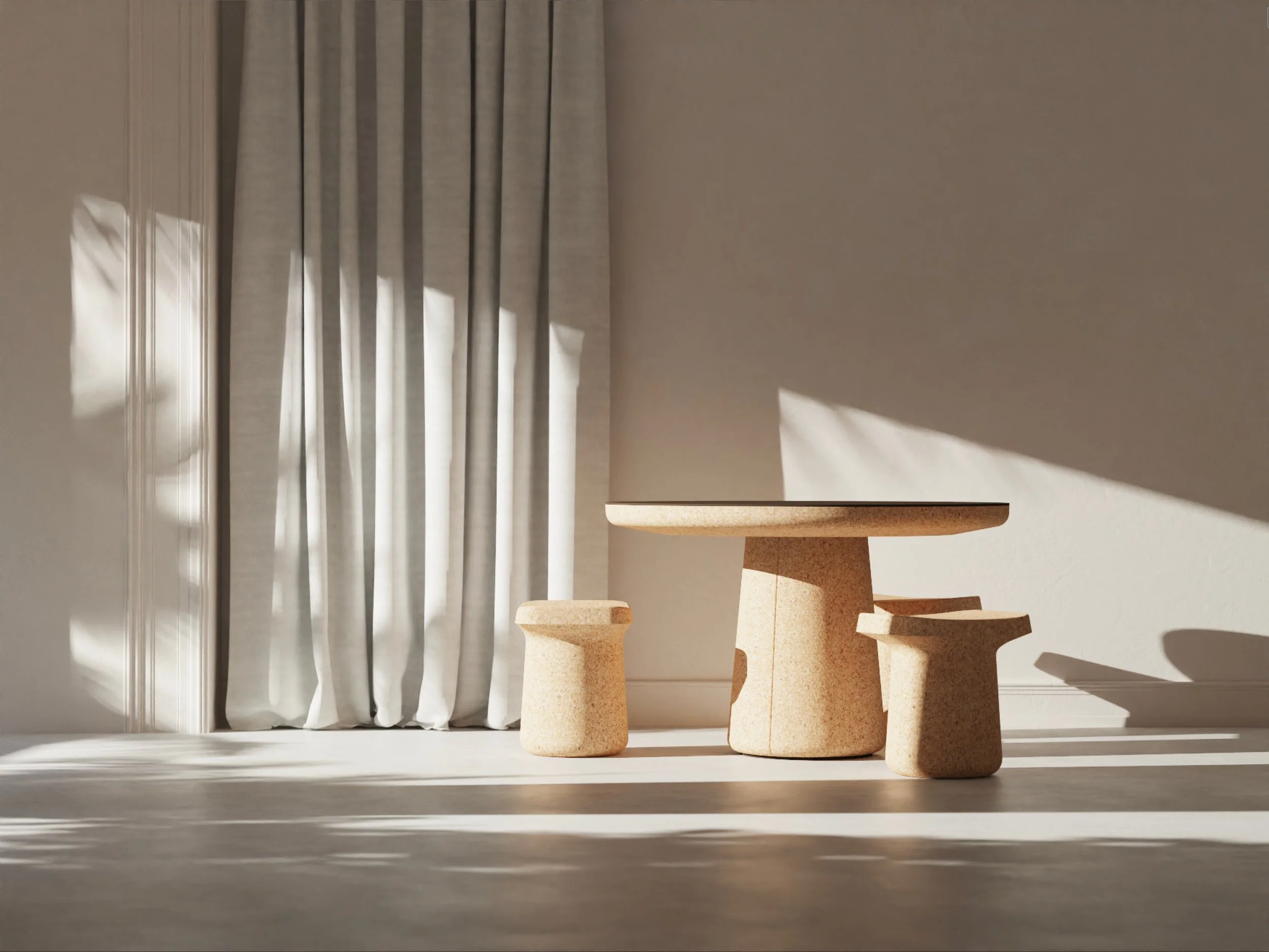 Minimalist beige stone table and two matching stools in a sunlit room with curtains and wall shadows.