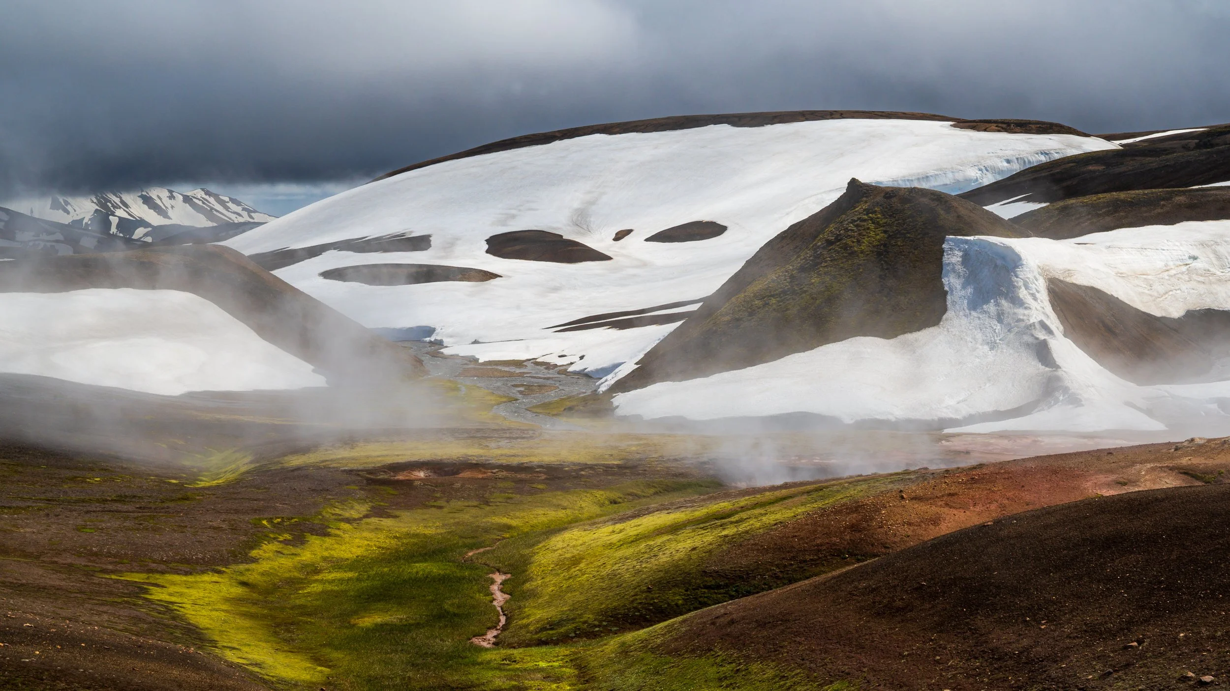  (Mousse/Neige)	Contraste saisissant entre la mousse verte éclatante, la roche volcanique noire et les névés de neige blanche. Trek du Landmanalaugar