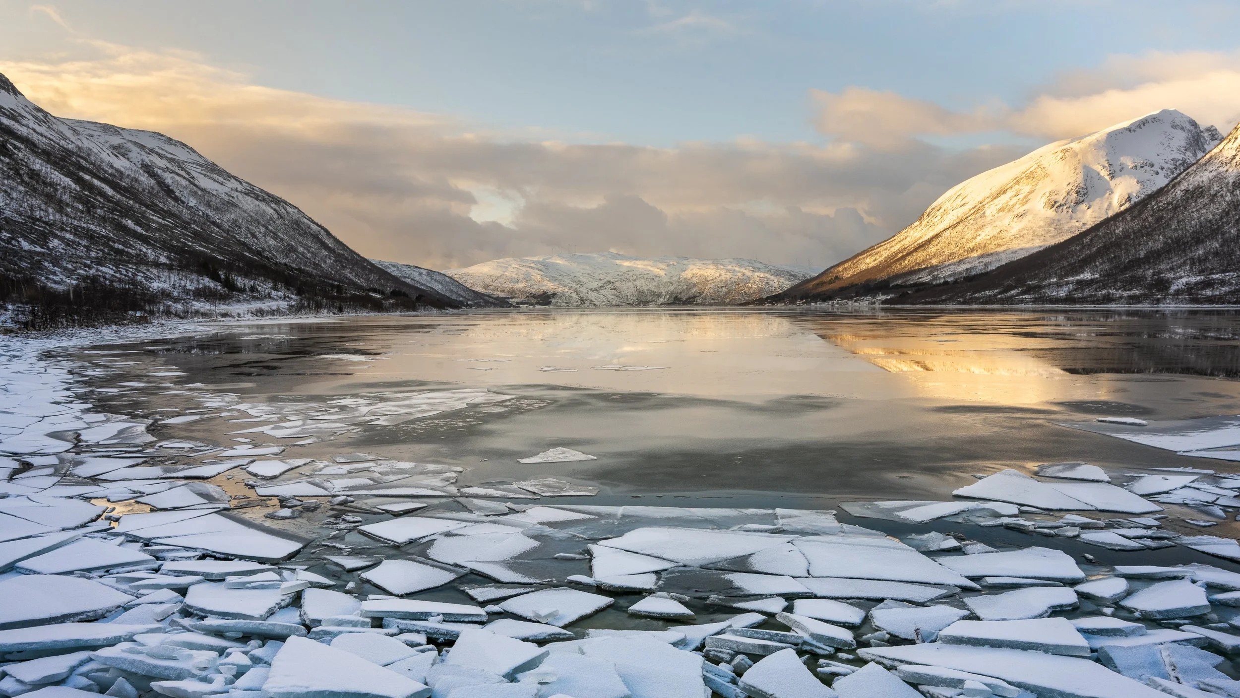 	Vue immersive d'un fjord gelé avec plaques de glace flottantes et montagnes enneigées, photographie d'art nature. Norvège