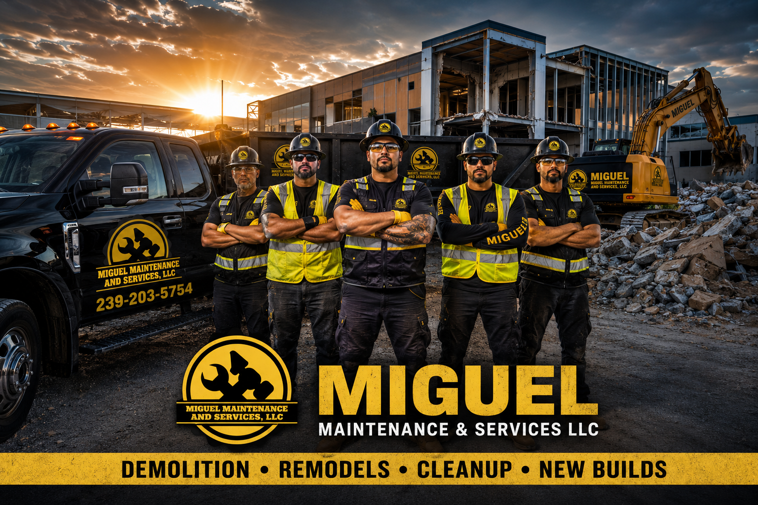 Group of five construction workers standing in front of a construction site with machinery and a partially demolished building during sunset. The workers wear yellow safety vests, black shirts, helmets, and sunglasses. There is a black pickup truck on the left and a yellow excavator on the right. The company logo and contact number are visible on the truck and logo at the bottom, which also shows services like demolition, remodeling, cleanup, and new builds.
