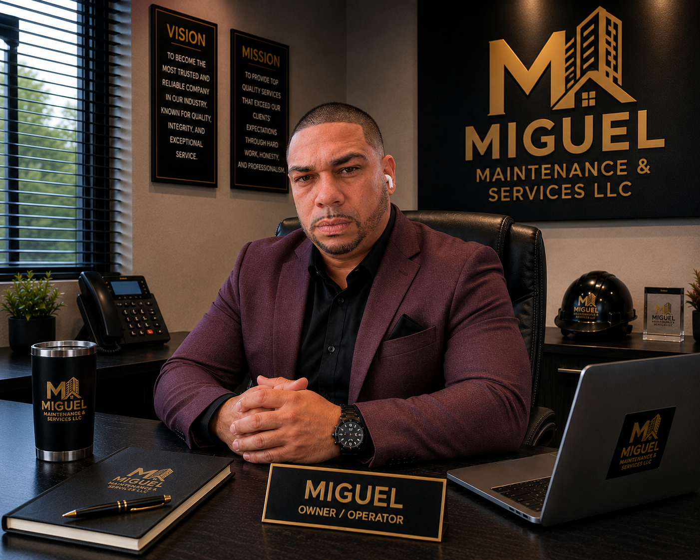 A man in a maroon blazer sitting at a desk in an office, with a sign reading 'Miguel Owner/Operator,' a coffee mug, notebook, pen, computer, helmet, and business signage in the background.