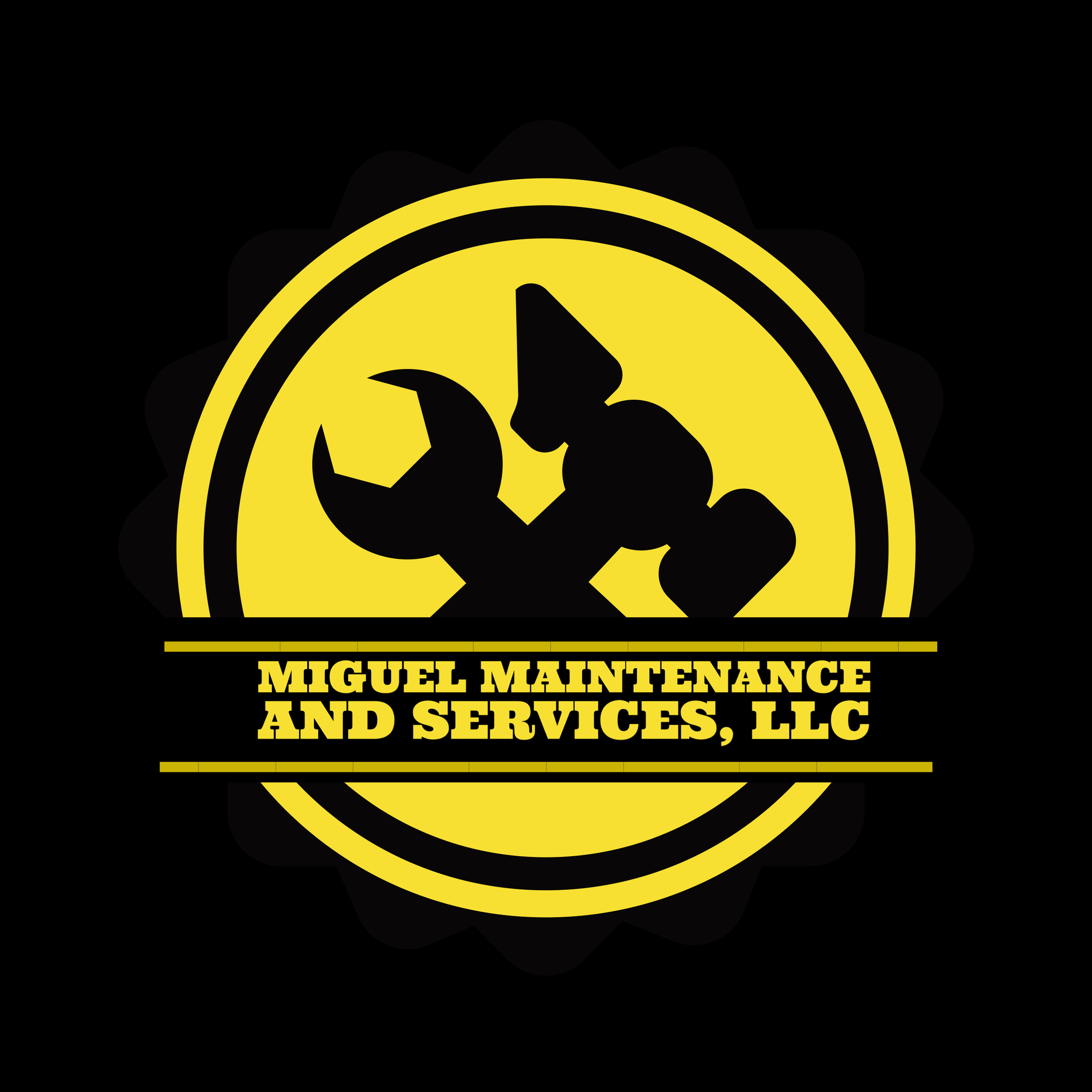 Logo of Miguel Maintenance and Services LLC, featuring a circular yellow and black emblem with a silhouette of a worker wearing a helmet.