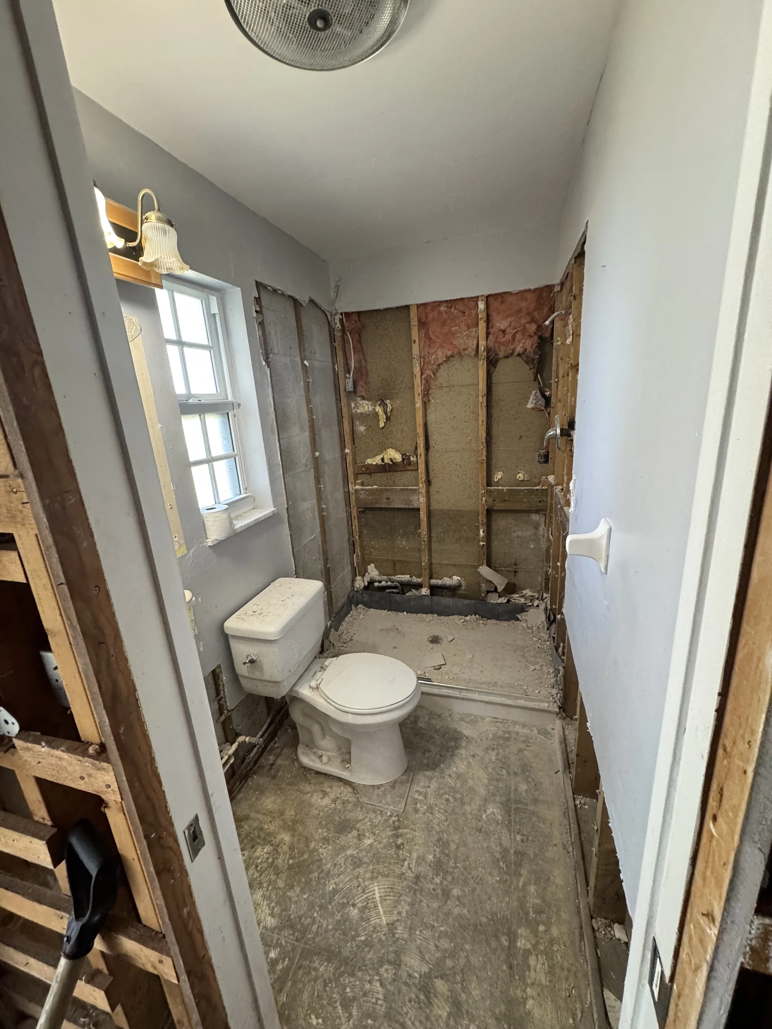 Bathroom under renovation with exposed wall studs and insulation, toilet installed, missing bathtub or shower, window on left side, light fixture above the window, and unfinished flooring.