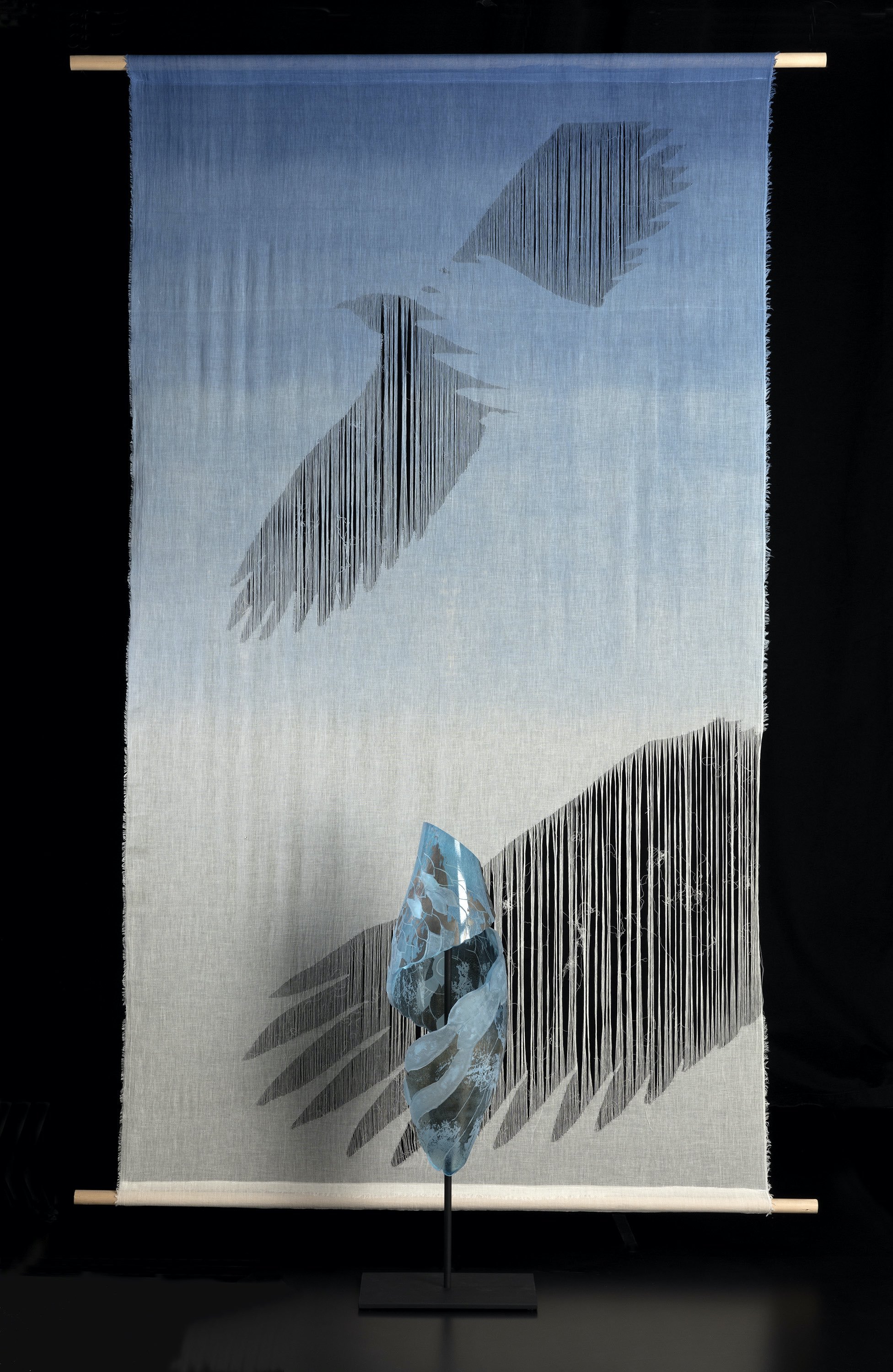 Spirit Messenger (215cm x 138cm x 30cm) glass, copper, steel, fabric