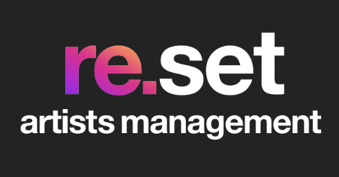 Re. Set Artists Management logo with a black background, purple and pink gradient 're.' and white 'set' and 'artists management' text.