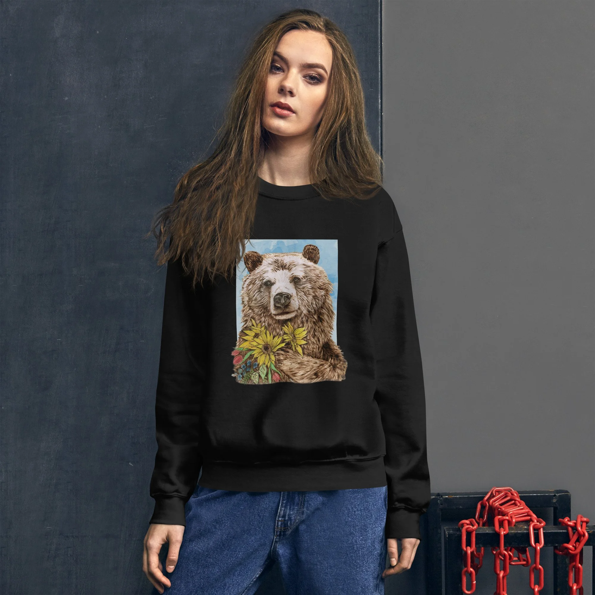 Pyrography art of Bear with Flowers | Unisex Sweatshirt