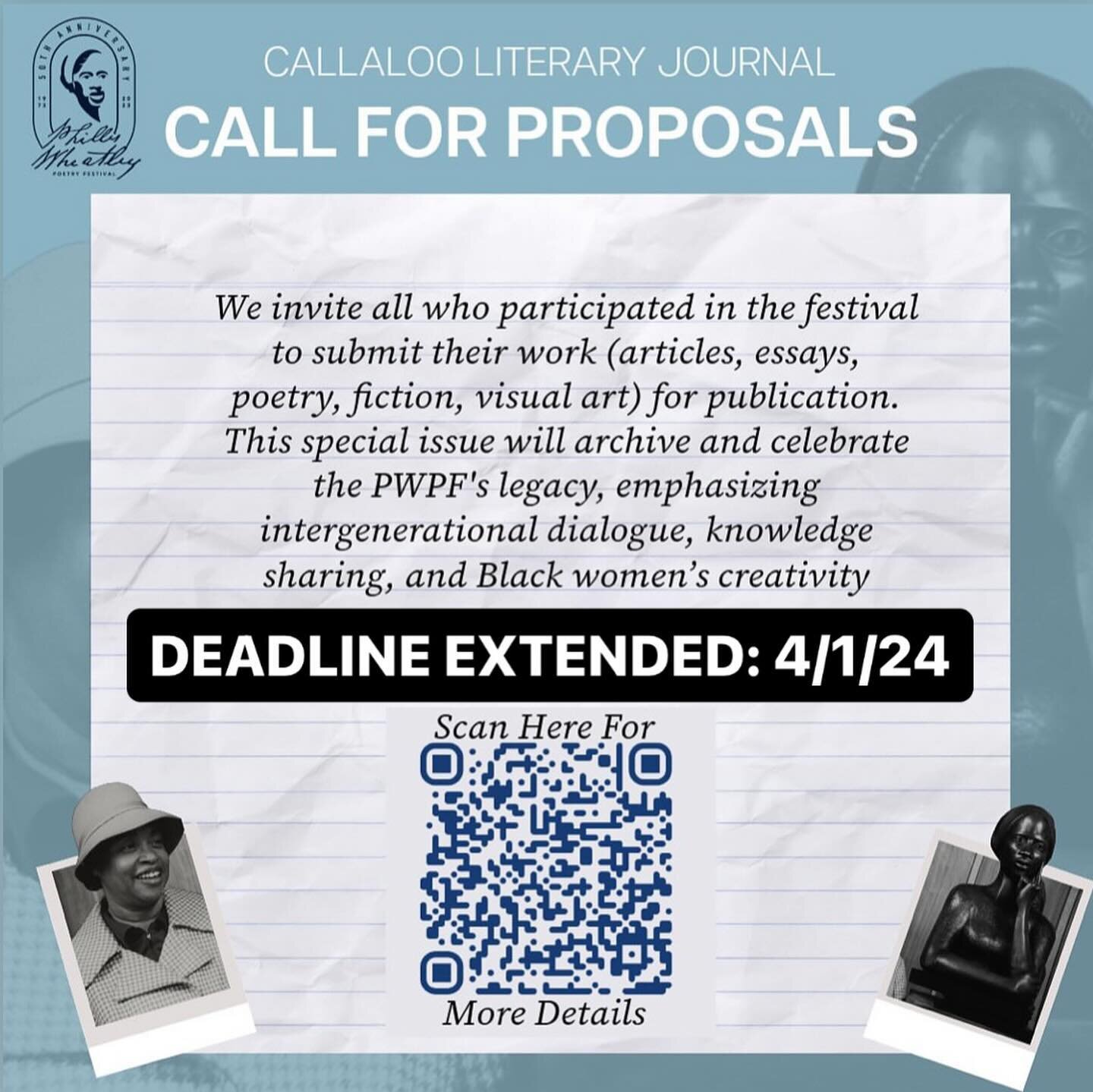 To all the wonderful women and writers I met last year in Jackson, now is your time to shine! ✍🏾✨ Submit today to the Phillis Wheatley Special Feature @callaloojournal release, partnering with the @mwalkercenter the deadline has been extended. Prese