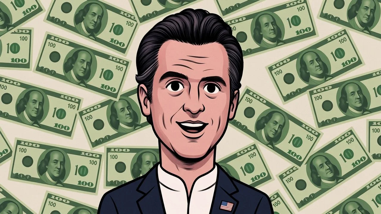 Governor Newsom with dollar bills flying behind him (cartoon)