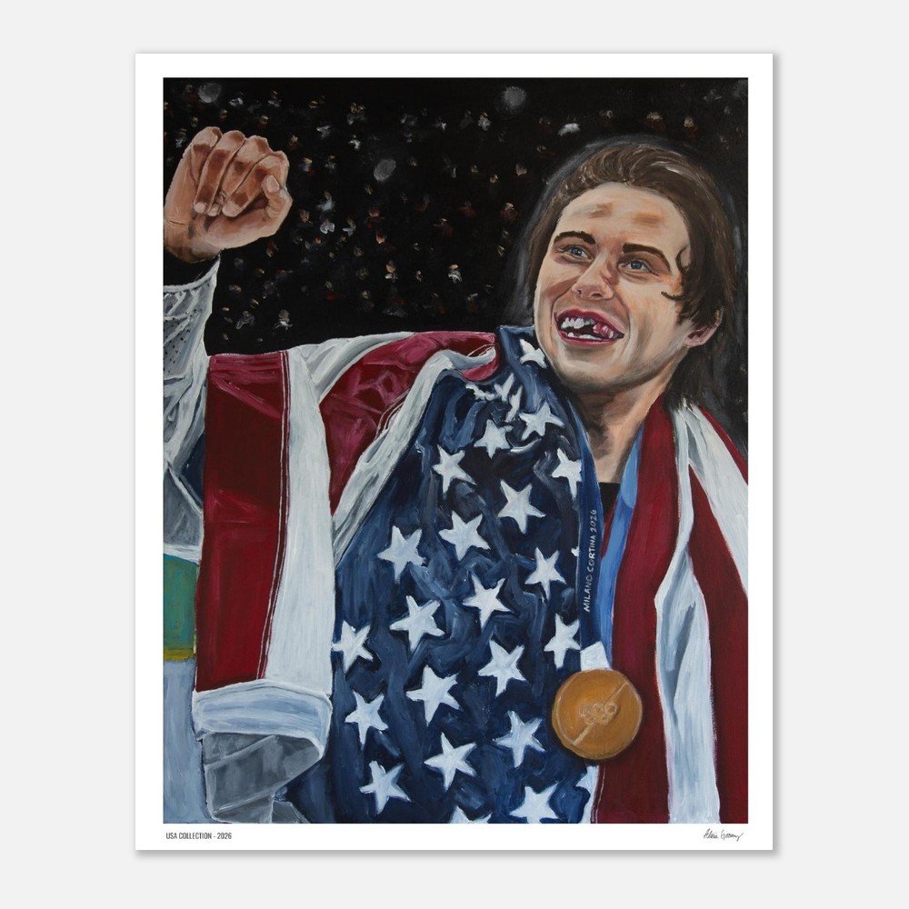 Painting of Jack Hughes, Olympic Gold Winner an American Patriot in the Winter Olympics 2026