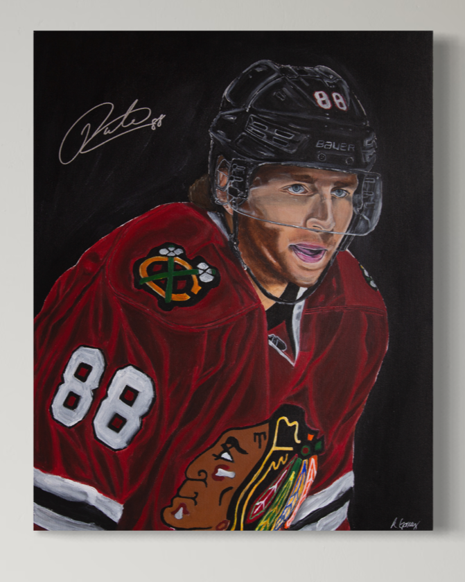 Painting of Chicago Blackawks Legend Patrick Kane, signed by Patrick Kane.