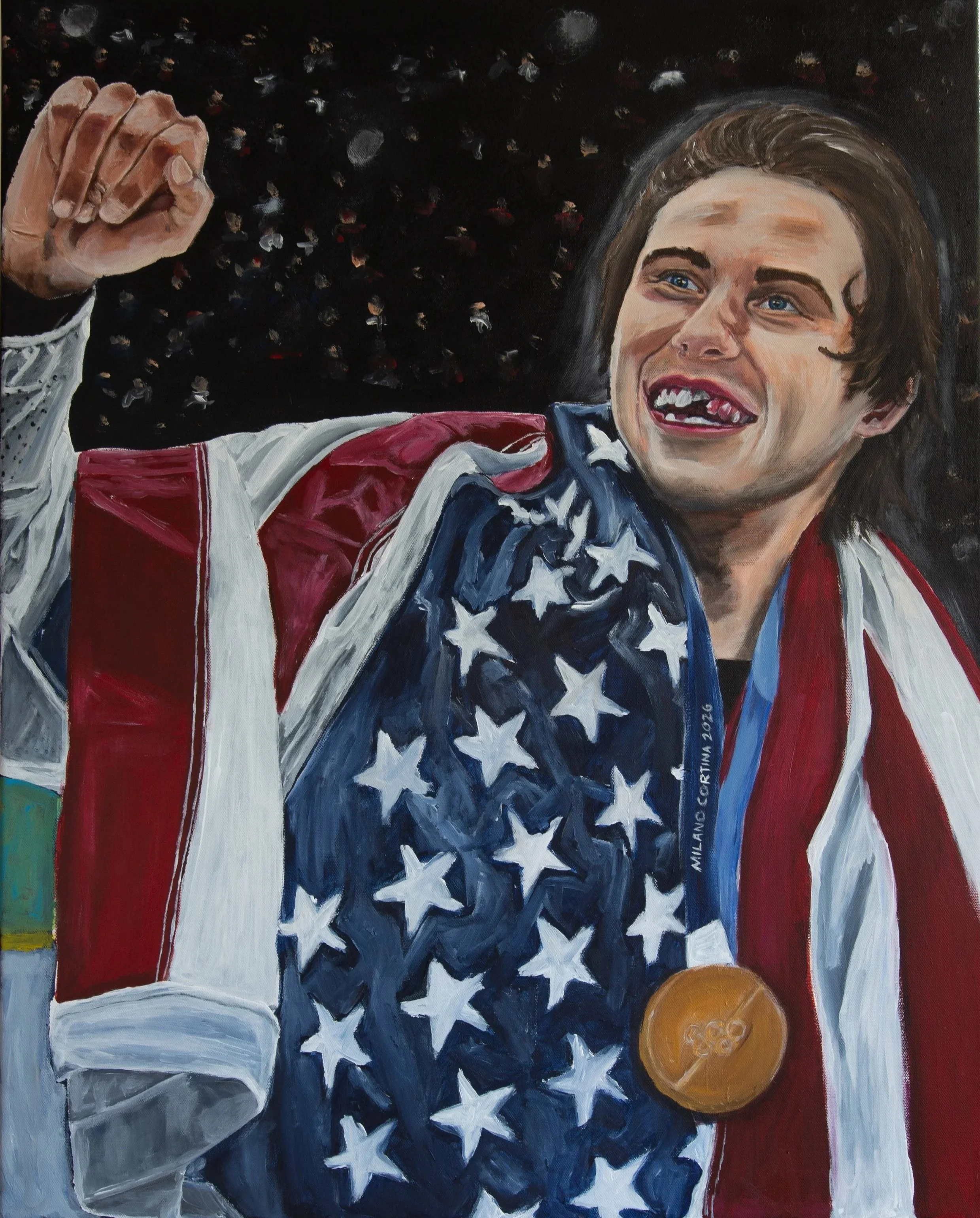 Painting of Jack Hughes, Olympic Gold Winner an American Patriot in the Winter Olympics 2026