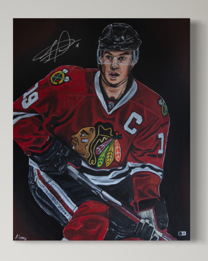 Painting  of Chicago Blackawks Legend Jonathan Toews, signed by Jonathan Toews.