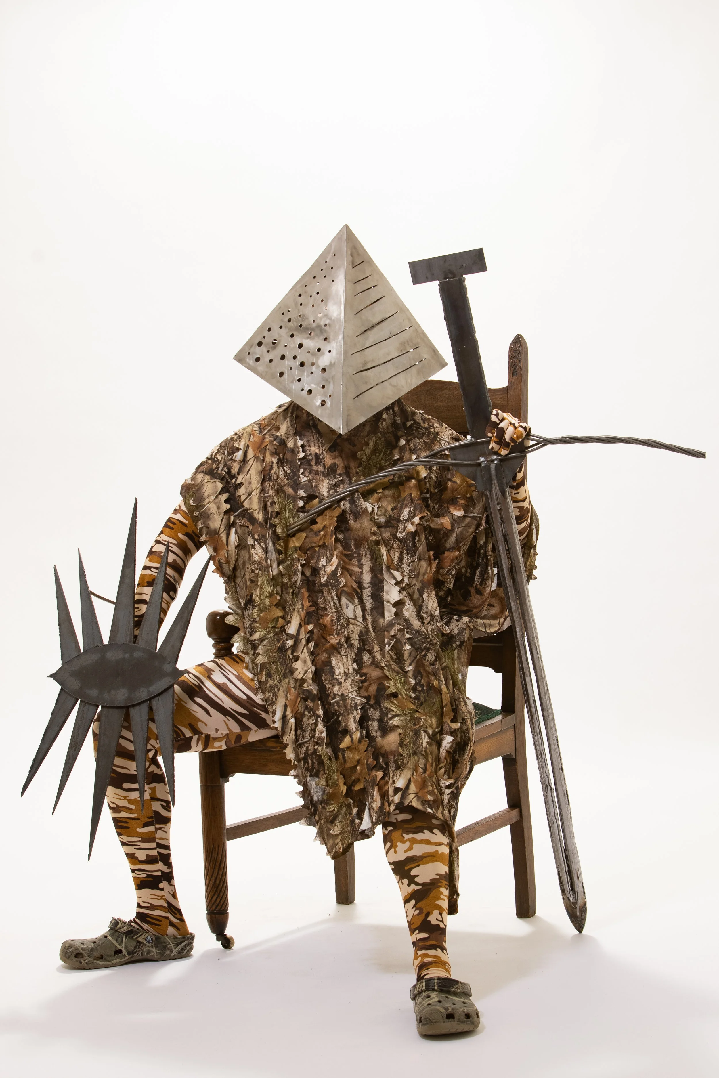 Sunday Delivery
Helmet: 1'2" x 1'6" x 1'6" MIG-welded mild steel
Sword: 2' x 4' x 1" Stick-Welded mild steel
Shield: 1' x 1'8" x 4" TIG-welded mild steel
Attire: Spandex desert camo suit, woodland camo crocs, camo leaf poncho
2020
