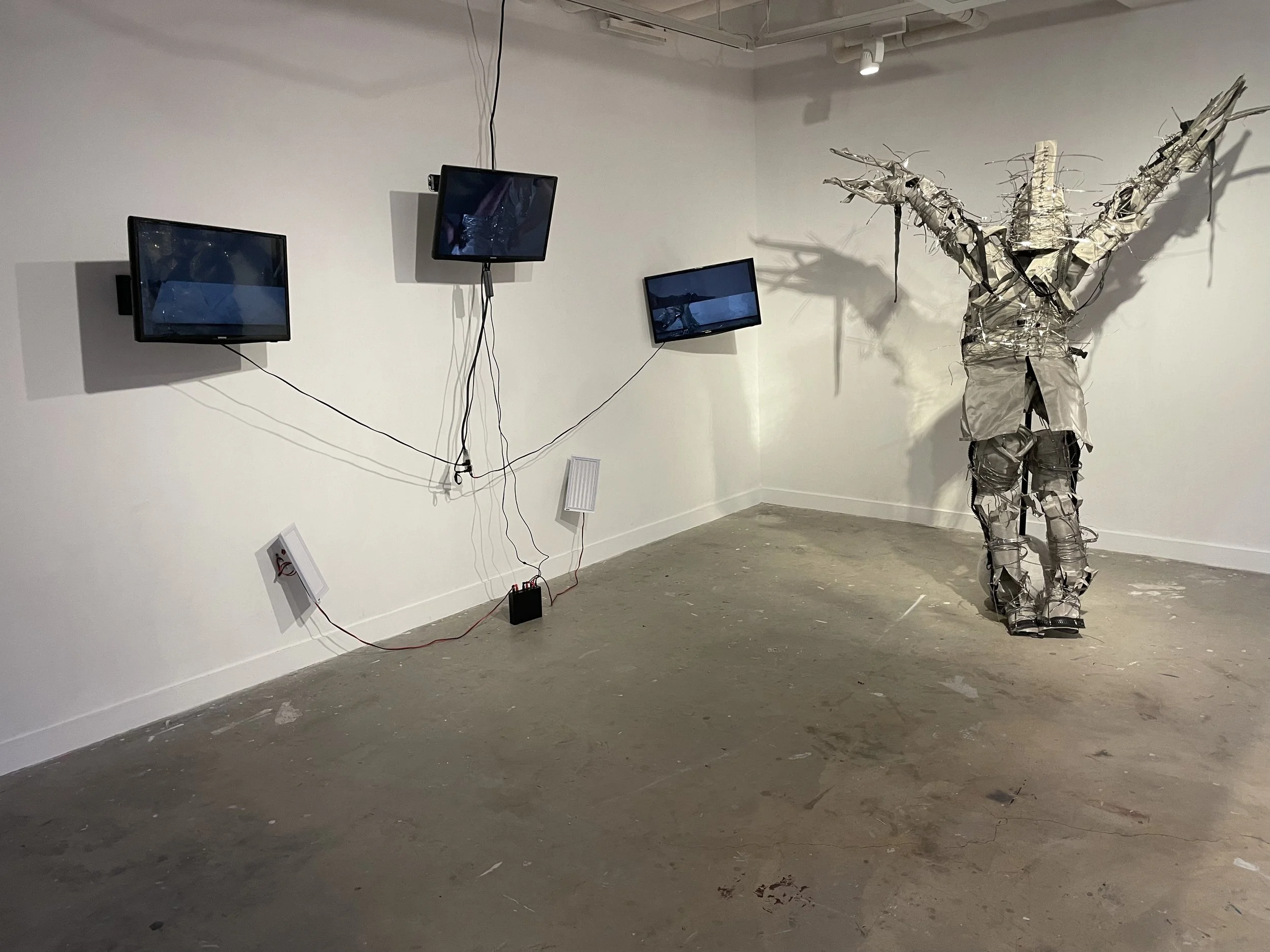 Eat This for Lucid Dreams
Maryland College of Art MICA Installation
Baltimore MD
Costume: Stainless steel mesh, wire, and zipties; stand: pipe and concrete
7'x 4' x 1'
20" monitors three channel video ~15 minutes
2022