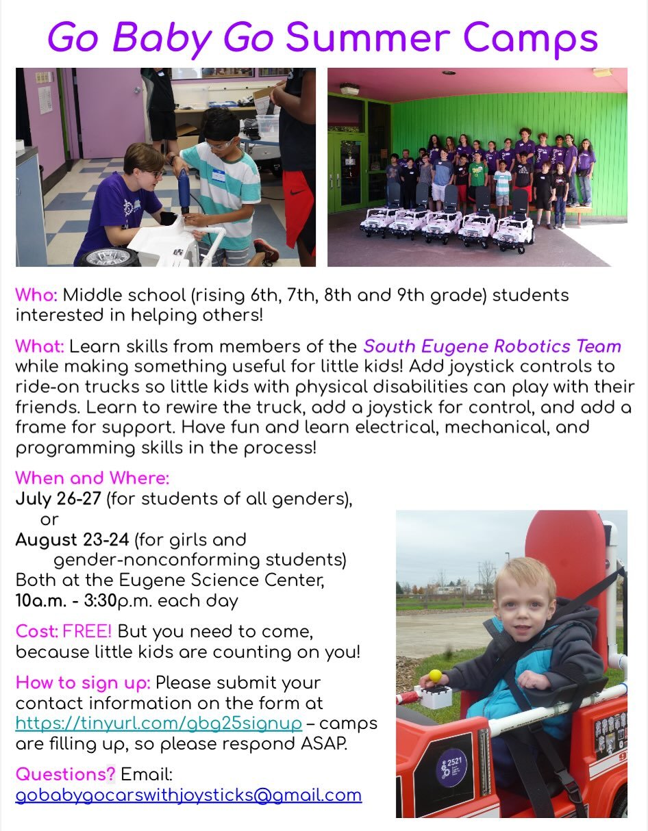 Calling all middle school students!! SERT and @digitaldragonsftc have two exciting robotics opportunities coming up!

First is our annual Go Baby Go summer camps. These are free engineering summer camps where SERT teaches middle school students how t