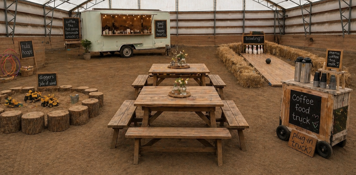 Indoor rustic-themed Farm Play event space with picnic tables, a sandpit with toy dump trucks, a food truck serving coffee & snacks, a bowling game, & signs advertising food & activities west of Springbank, Alberta.