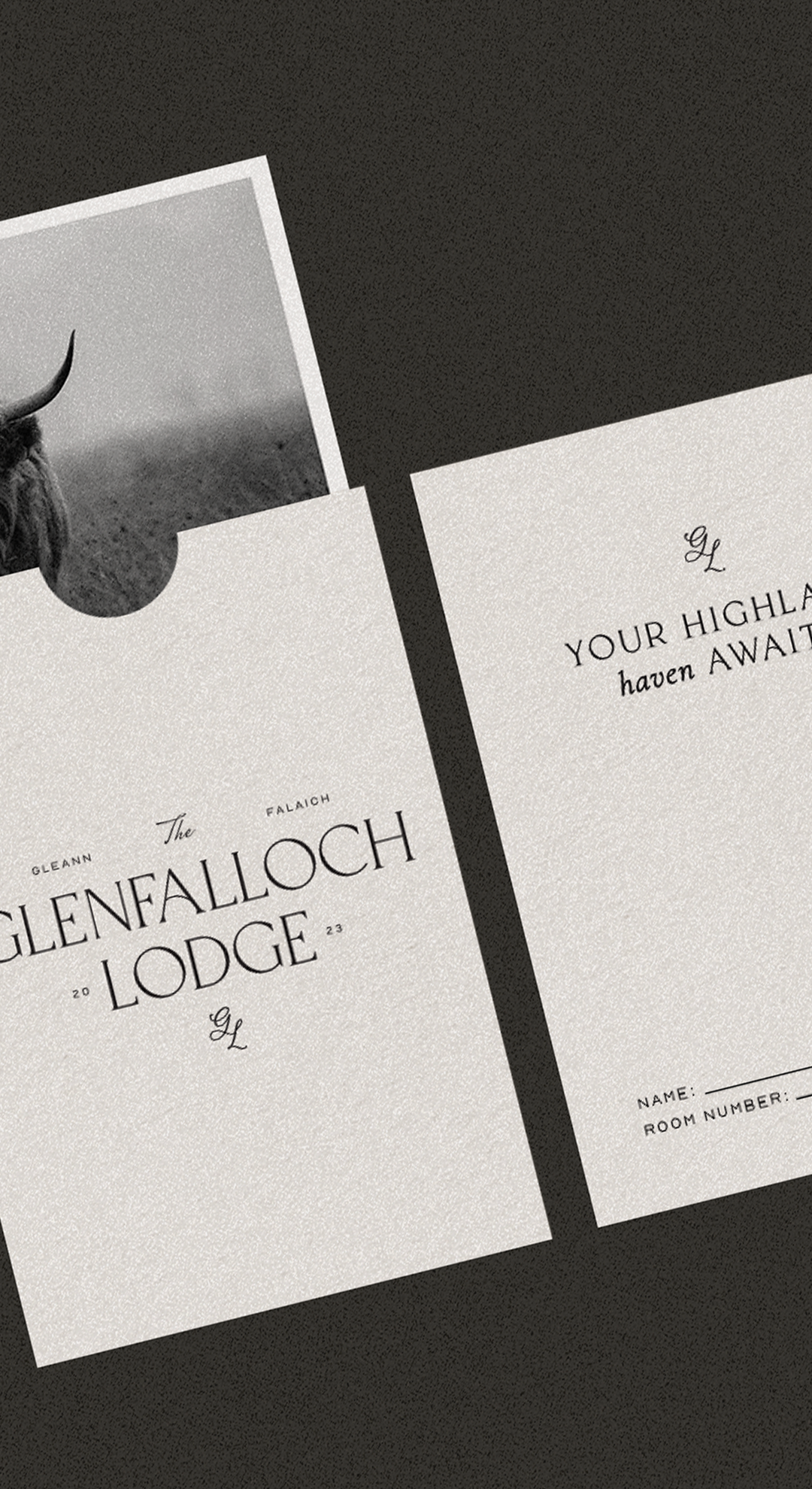 Black and white invitation or flyer for Glenfalloch Lodge with text and a space for guest details.