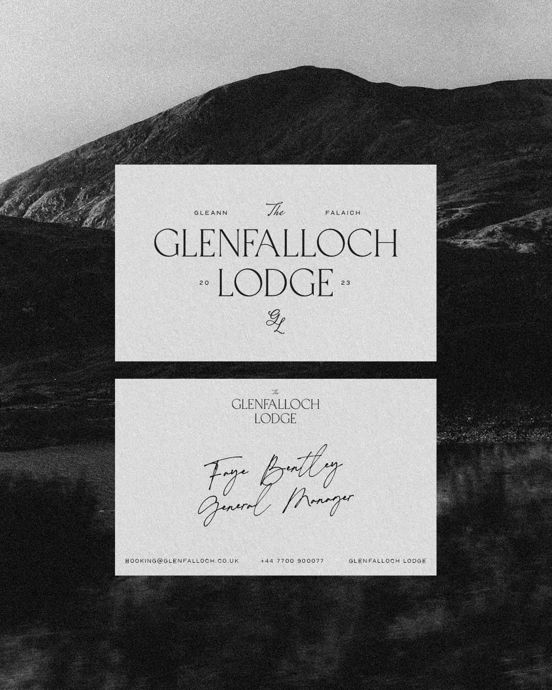 Black and white promotional flyer for Glenfalloch Lodge, featuring a mountain landscape background, with text for booking and contact information, including email, phone number, and the name Forge Bentley as general manager.