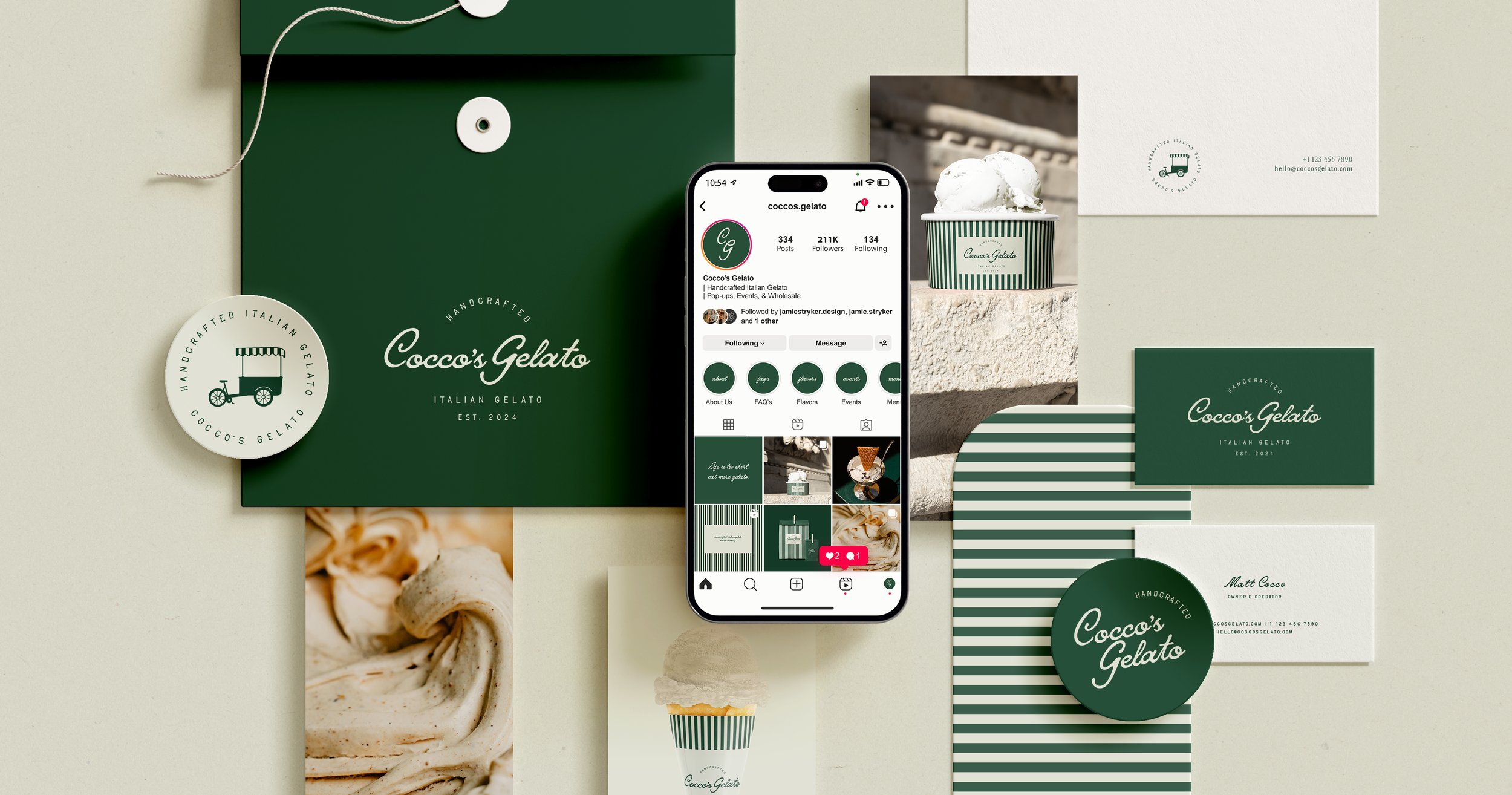 Collection of Designs for Gelato Business in US, Including Social Media Posts, Full Branding Suite, Stationery and more. 