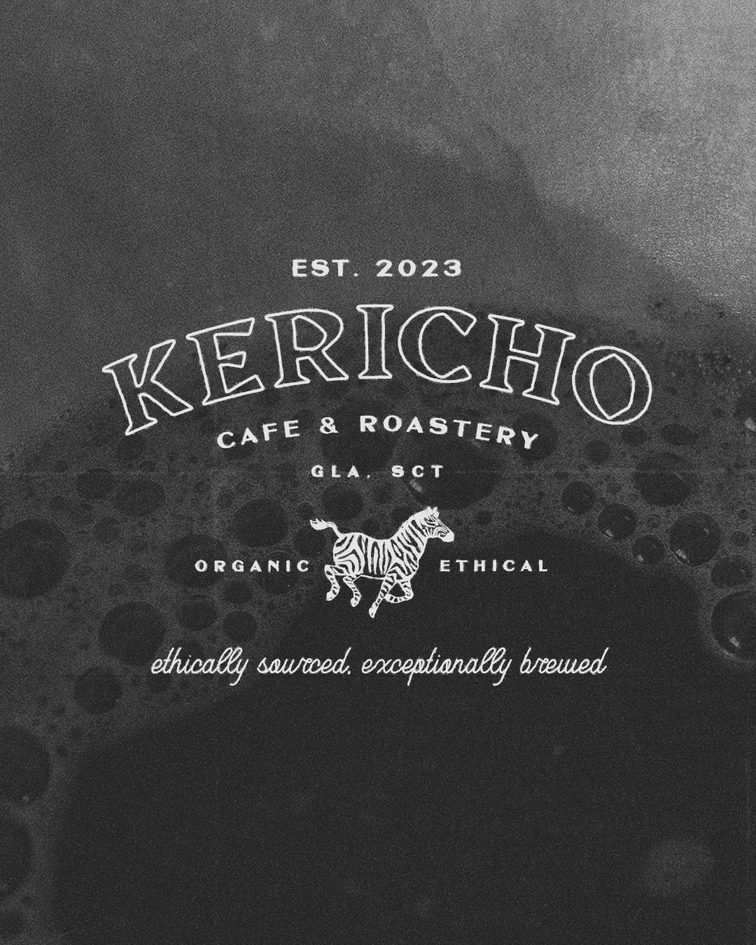 Black and white logo for Kericho Cafe & Roastery with a zebra illustration, stating 'Established 2023', 'Organic', 'Ethical', and 'GLA. SCT', with the slogan 'ethically sourced, exceptionally brewed'.